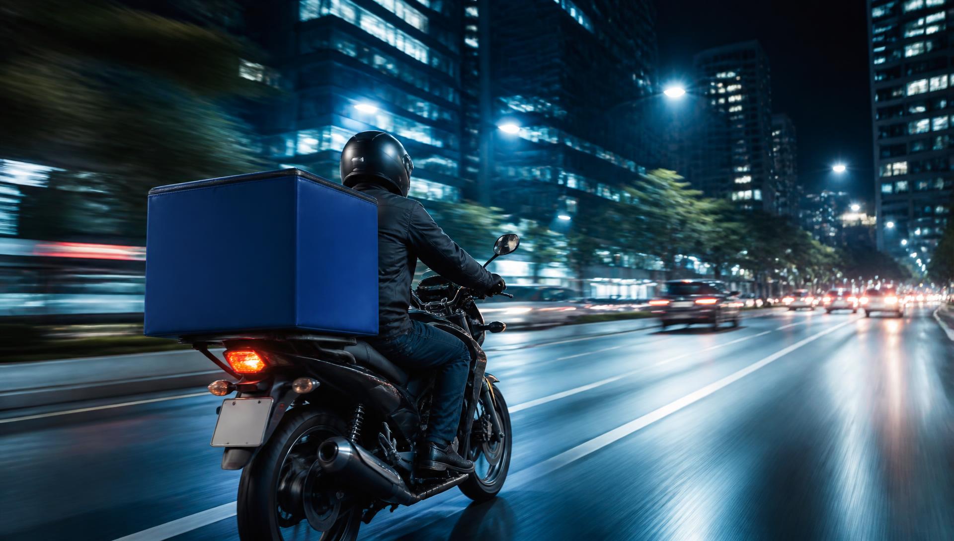 Motociclista de entrega em movimento na cidade à noite