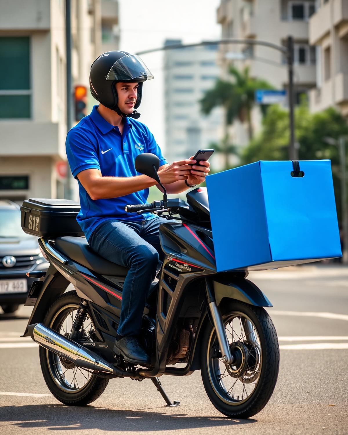 Entregador de moto com baú azul em rua urbana