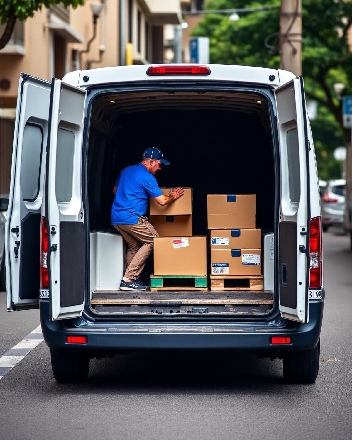 Veículo utilitário sendo carregado com encomendas